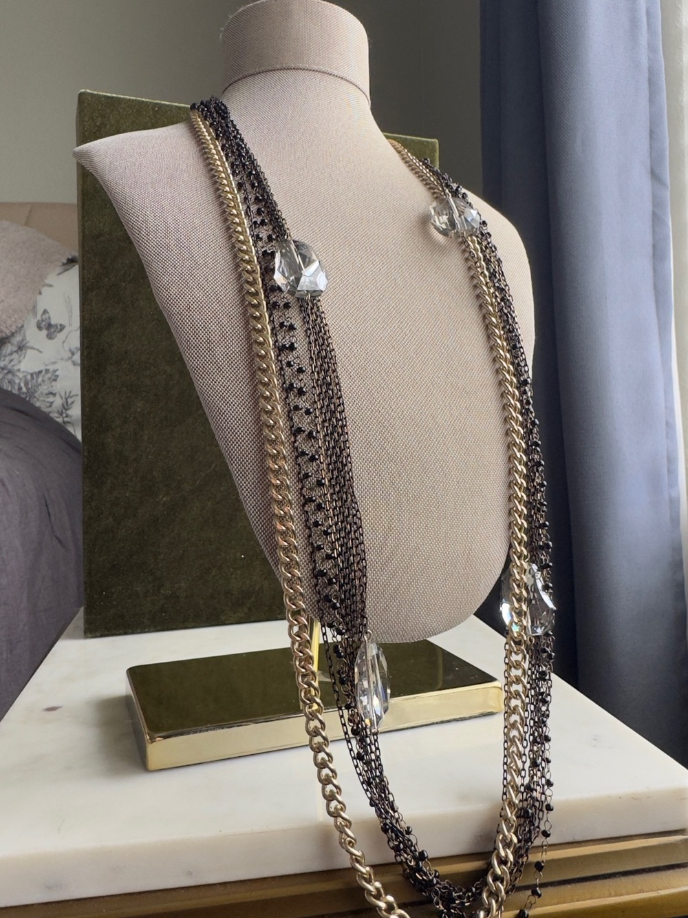 Multi-Chain Gold and Gunmetal Crystal Pendant Necklace - Women Jewelry